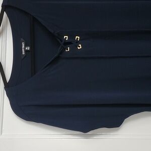 Ellen Tracy navy top with lace-up detail